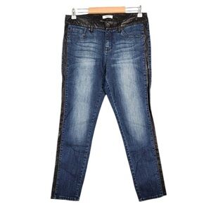 Kensie size 30 blue jeans faux leather tuxedo stripe & waistband detail